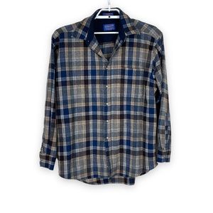 Pendleton Mens Flannel Shirt Virgin 100% Wool Large Brown Blue Plaid